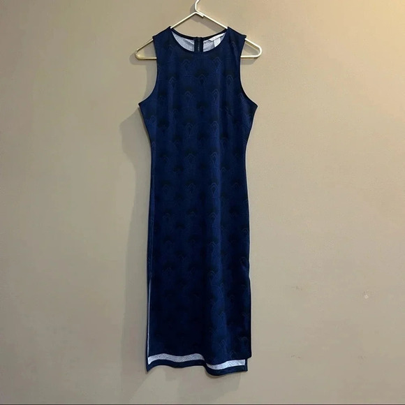 H&M NWT Fan Blue Black Sleeveless Midi Dress Sheath Bodycon Zipper - Picture 1 of 13